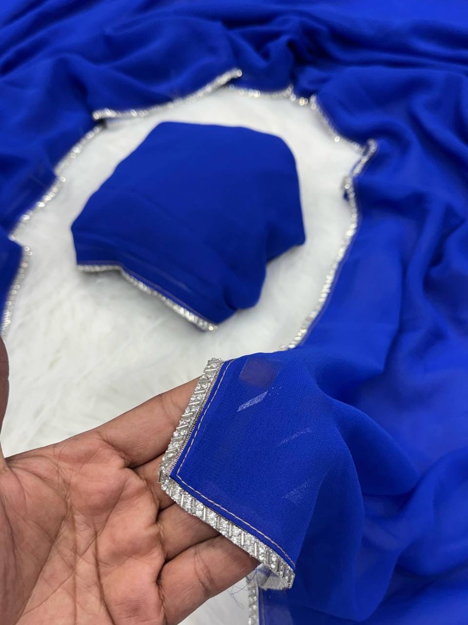 Sreeleela Blue Georgette Saree - Elegant Faux Georgette Blumming Saree With Matching Blouse