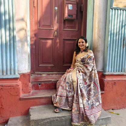 Floral Print Bollywood Cotton Linen Saree
