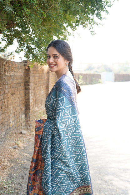 Elegant Handwoven Mysore Silk Saree with Traditional Ikat & Kalamkari Pallu