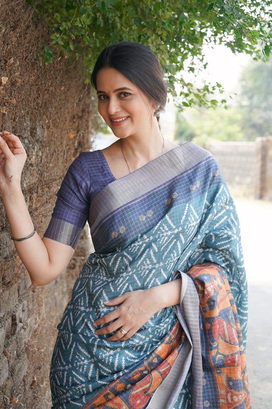 Elegant Handwoven Mysore Silk Saree with Traditional Ikat & Kalamkari Pallu