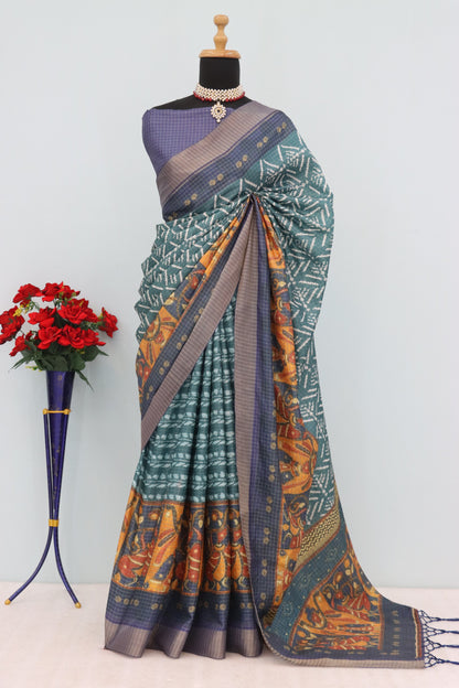 Elegant Handwoven Mysore Silk Saree with Traditional Ikat & Kalamkari Pallu