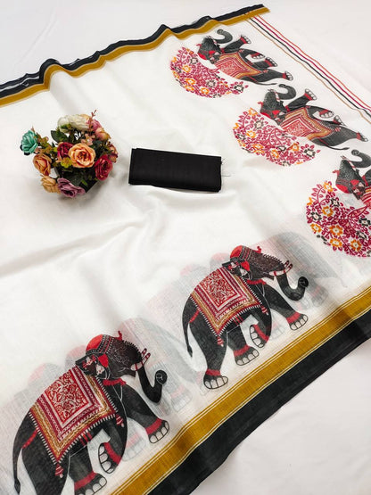 Classic White Linen Saree With Elephant Motif Border & Blouse Pieace