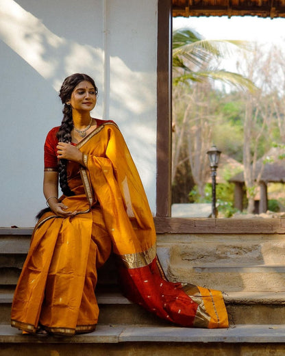 Mustard Yellow Premium Cotton Silk Saree With Classy Blouse And Tassels