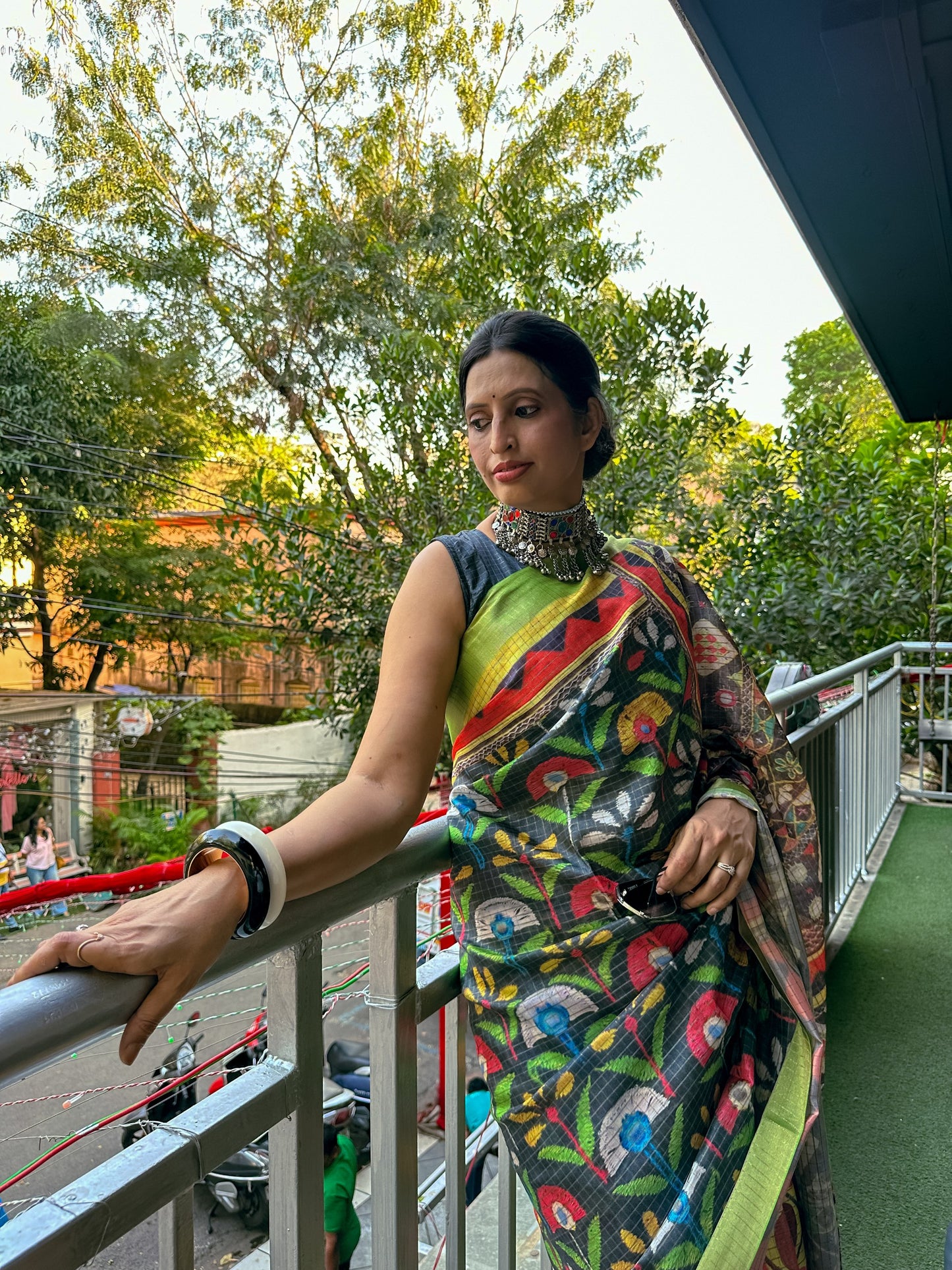 Multicolor Mysore Silk Saree with Green Border & Checks