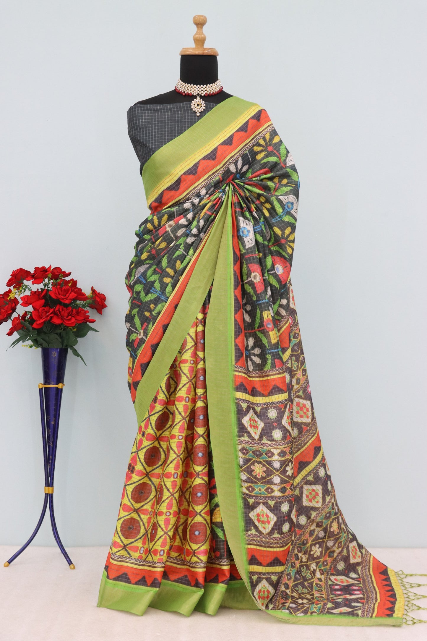 Multicolor Mysore Silk Saree with Green Border & Checks