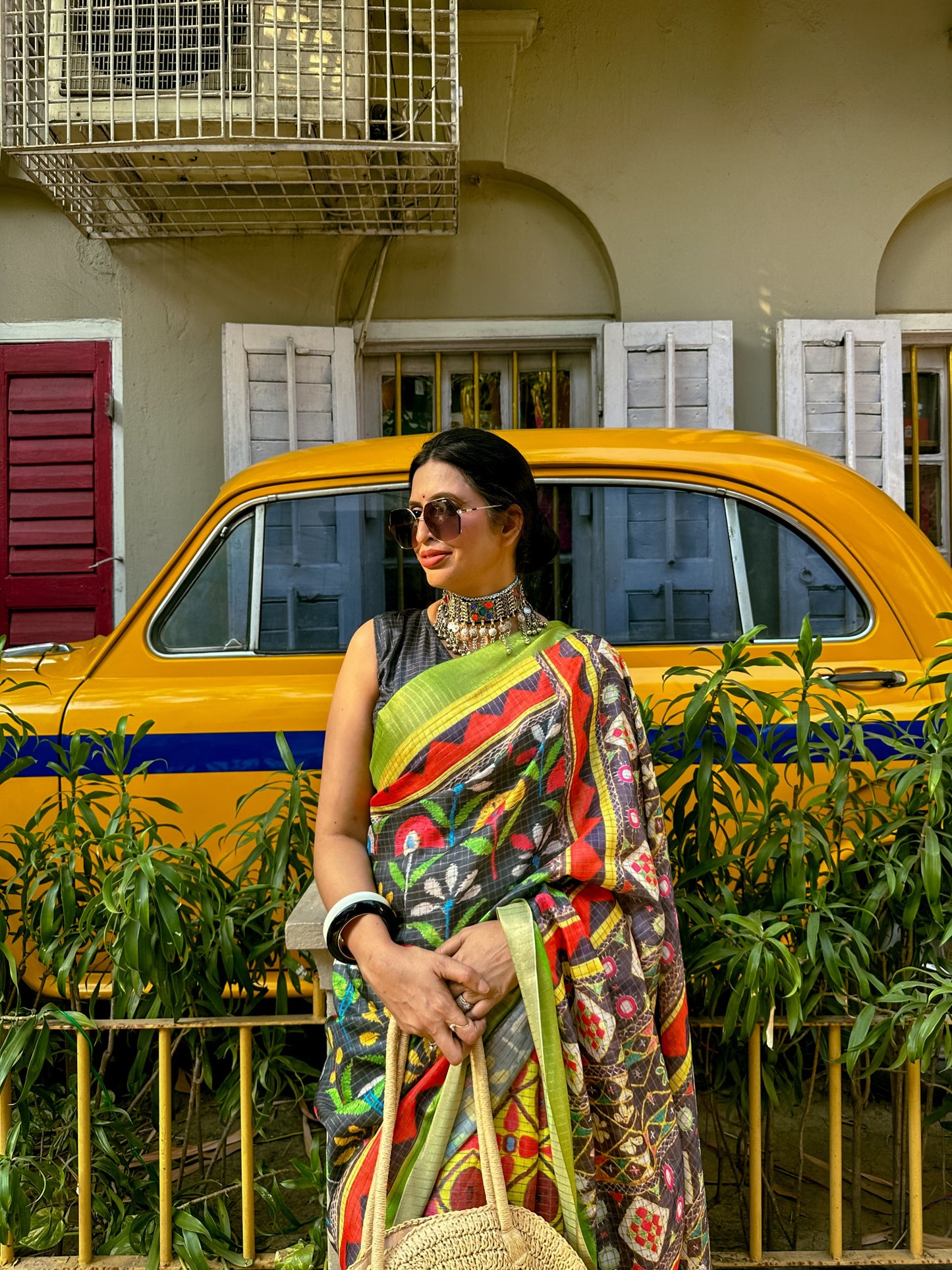 Multicolor Mysore Silk Saree with Green Border & Checks