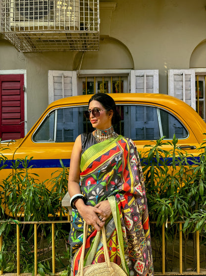 Multicolor Mysore Silk Saree with Green Border & Checks