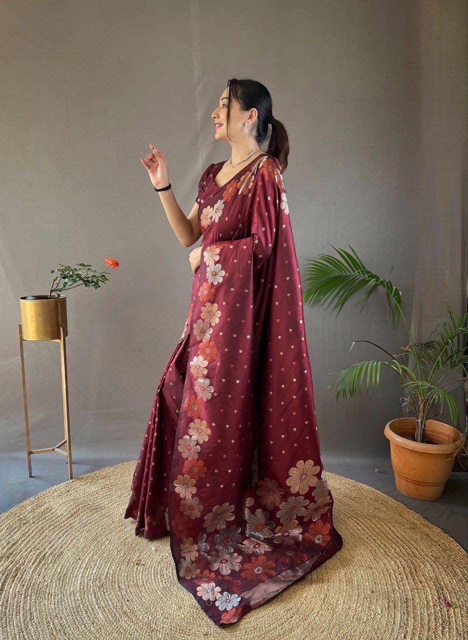 Maroon Ellegance Soft Silk Gold Copper Saree With Blouse