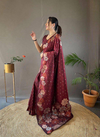Maroon Ellegance Soft Silk Gold Copper Saree With Blouse
