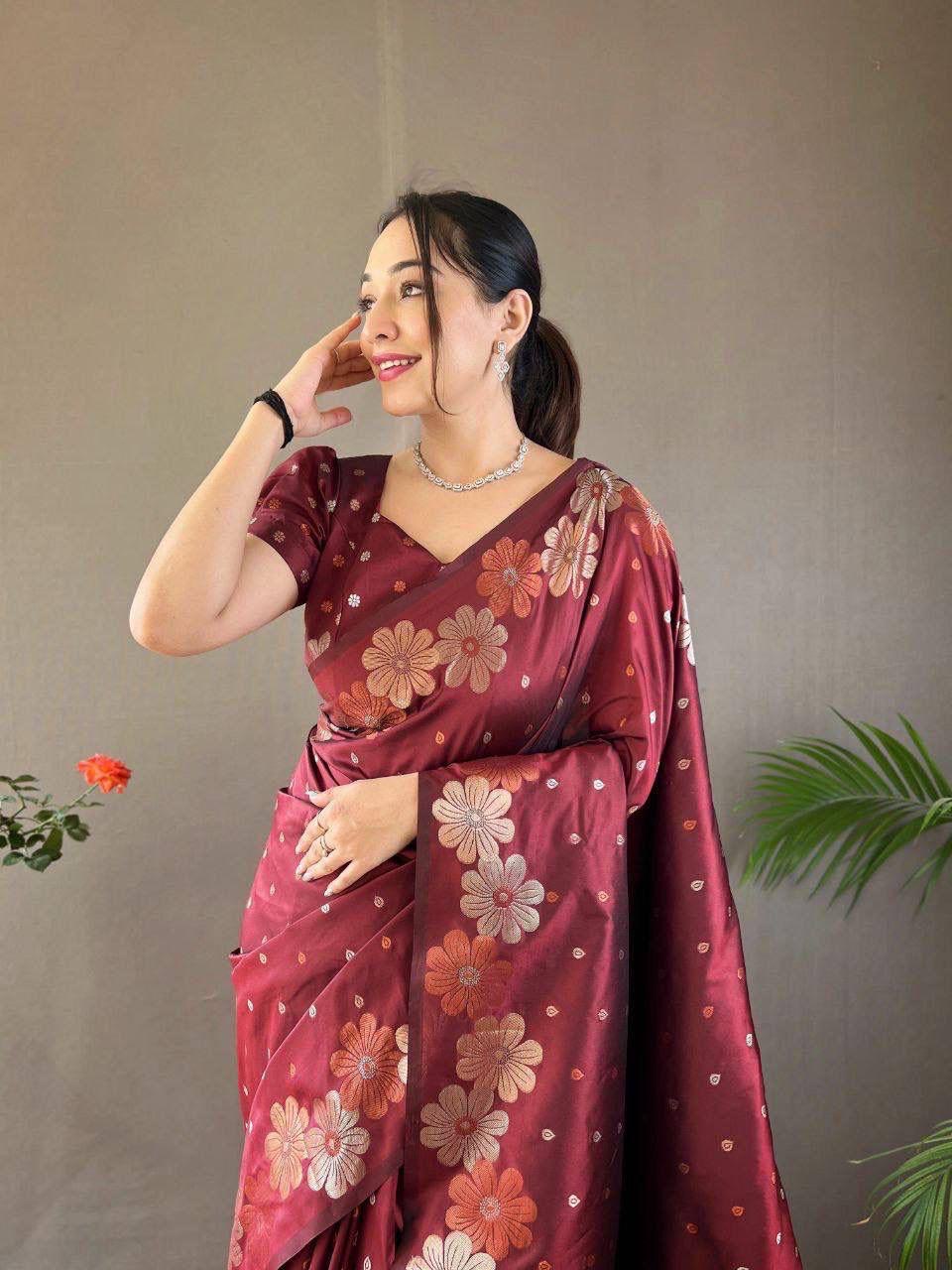Maroon Ellegance Soft Silk Gold Copper Saree With Blouse