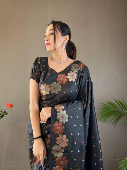 Black Ellegance Soft Silk Gold Copper Saree With Blouse