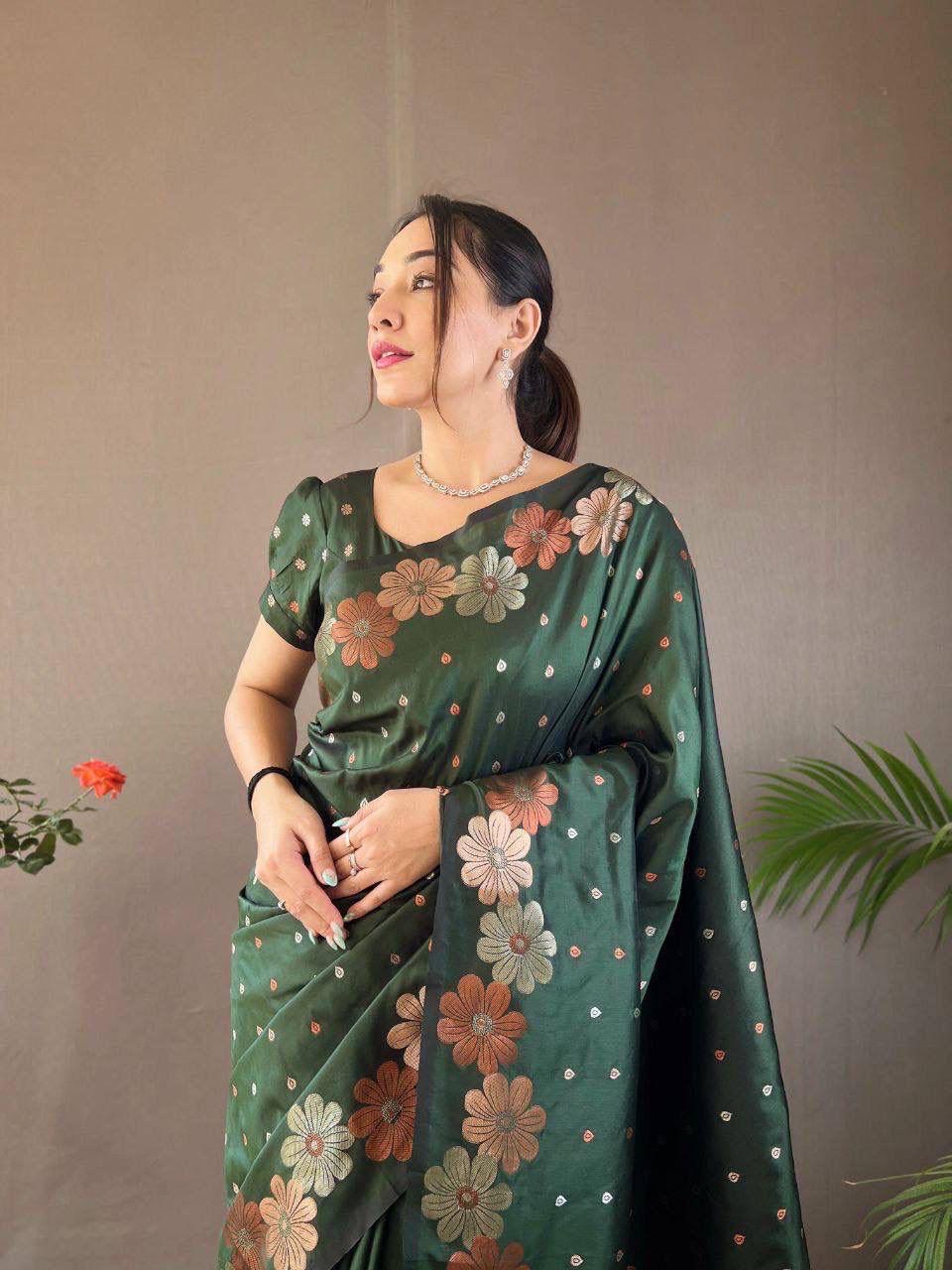 Mehndi Green Ellegance Soft Silk Gold Copper Saree With Blouse