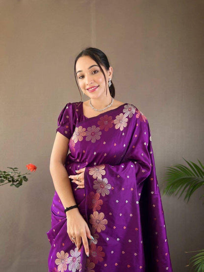 Purple Ellegance Soft Silk Gold Copper Saree With Blouse