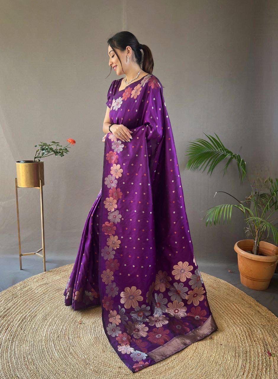 Purple Ellegance Soft Silk Gold Copper Saree With Blouse