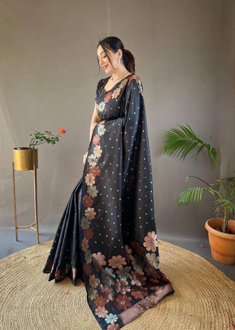 Black Ellegance Soft Silk Gold Copper Saree With Blouse