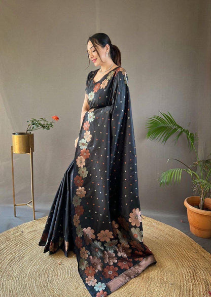 Black Ellegance Soft Silk Gold Copper Saree With Blouse