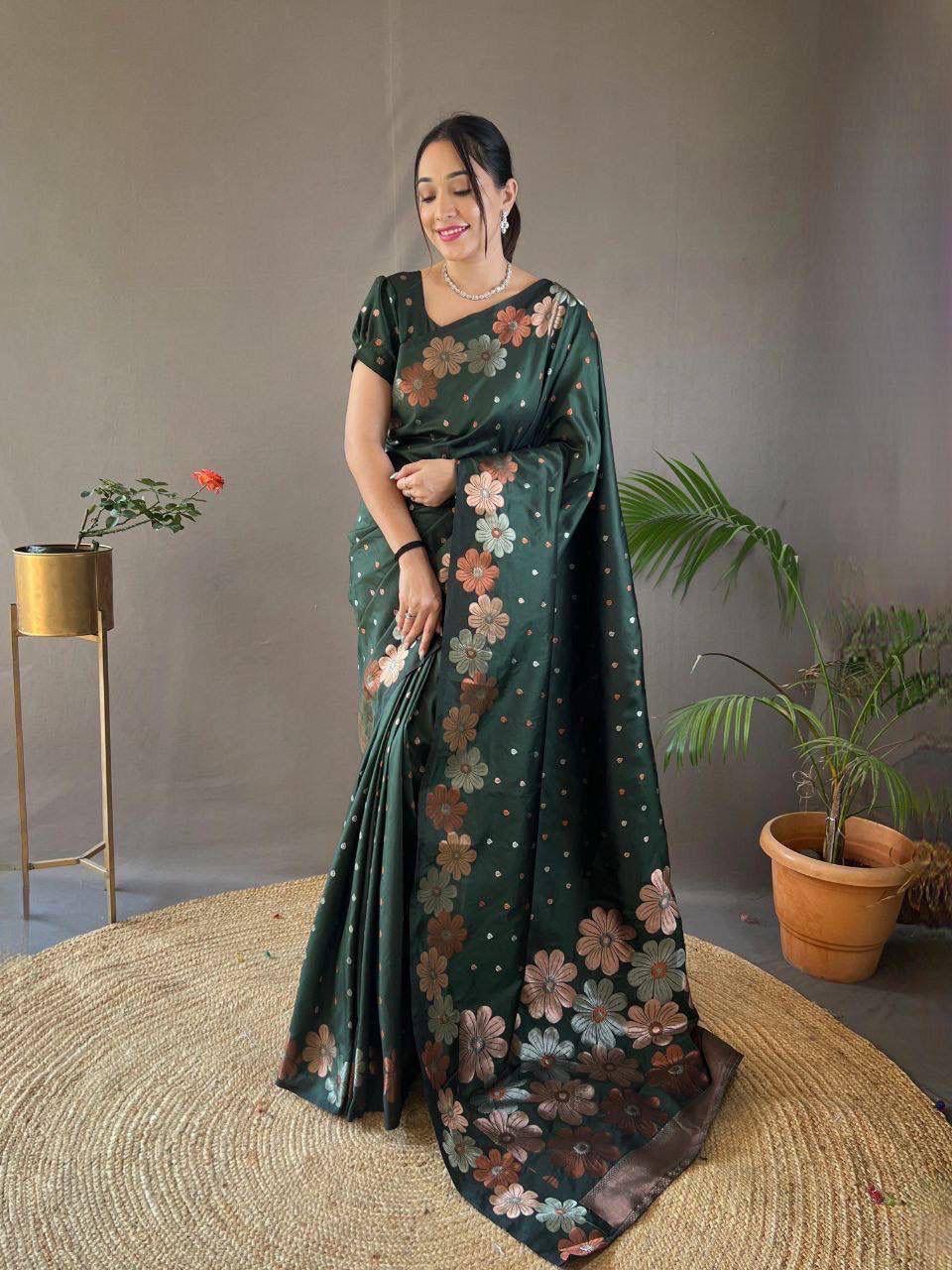 Mehndi Green Ellegance Soft Silk Gold Copper Saree With Blouse