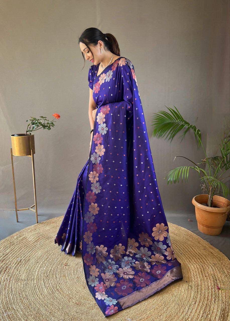 Blue Ellegance Soft Silk Gold Copper Saree With Blouse