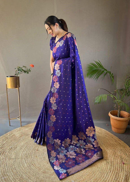 Blue Ellegance Soft Silk Gold Copper Saree With Blouse