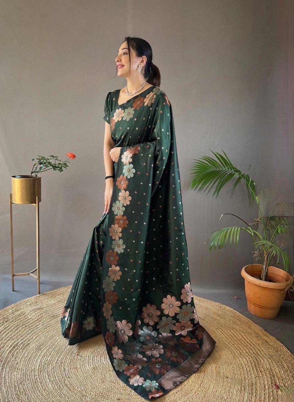 Mehndi Green Ellegance Soft Silk Gold Copper Saree With Blouse