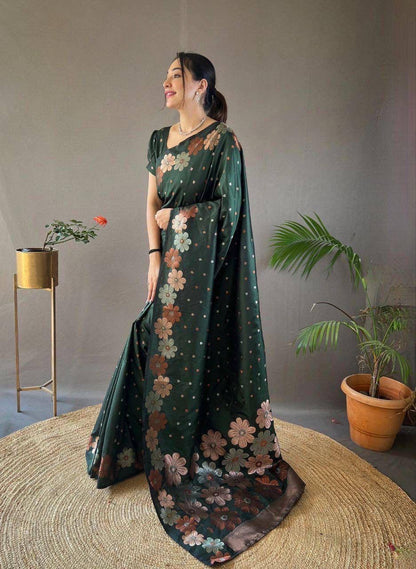 Mehndi Green Ellegance Soft Silk Gold Copper Saree With Blouse