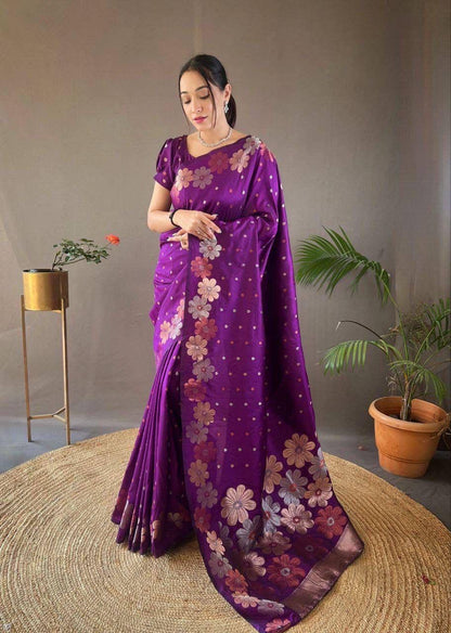 Purple Ellegance Soft Silk Gold Copper Saree With Blouse