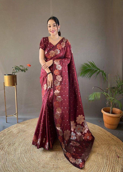 Maroon Ellegance Soft Silk Gold Copper Saree With Blouse