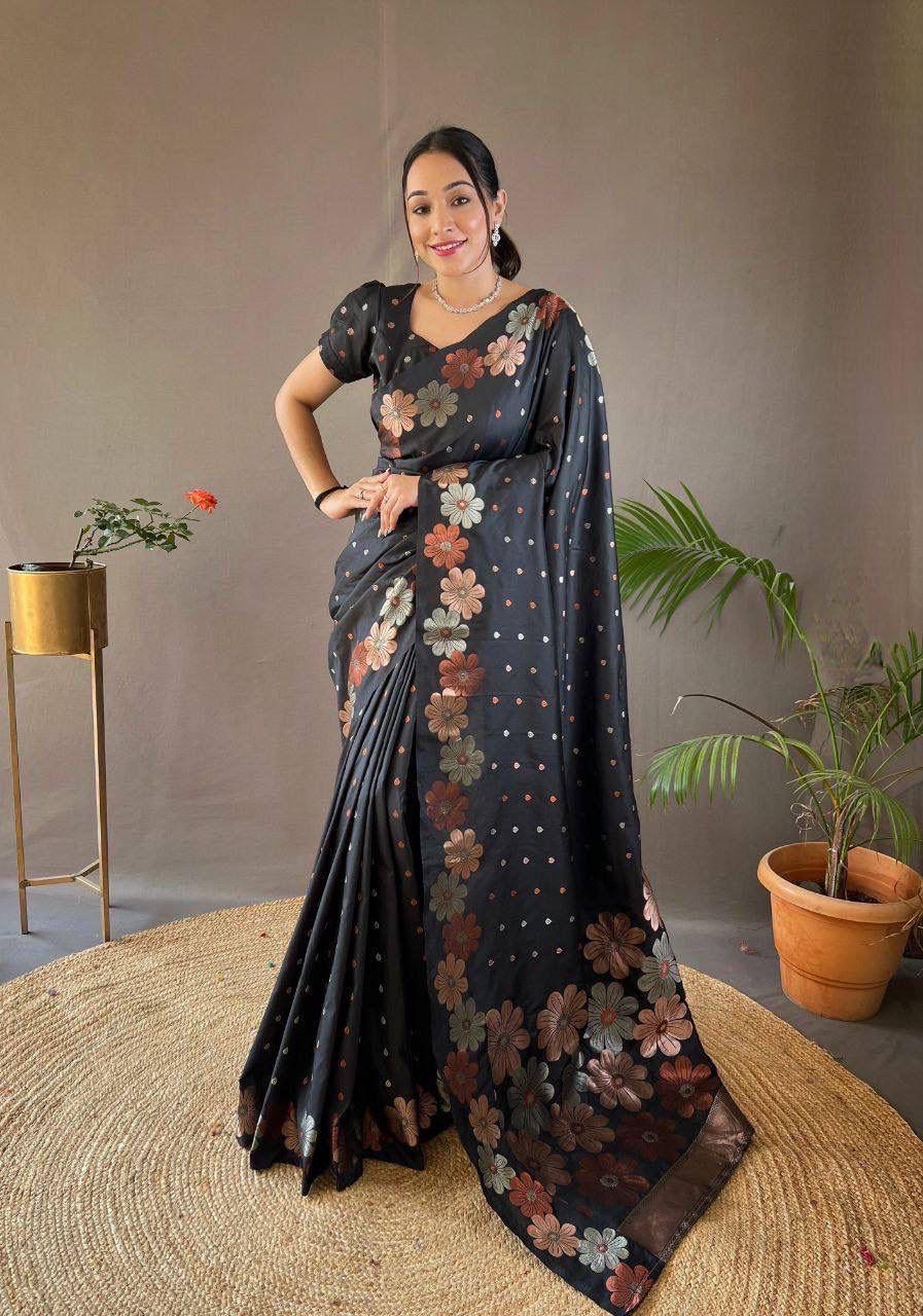 Black Ellegance Soft Silk Gold Copper Saree With Blouse