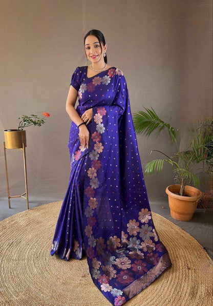 Blue Ellegance Soft Silk Gold Copper Saree With Blouse