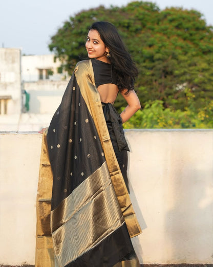 Sizzling Black Soft Silk Saree With Designer Blouse Piece
