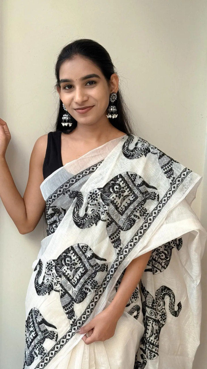 White Linen Saree with Black Border and Elephant Block Prints