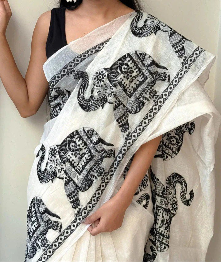 White Linen Saree with Black Border and Elephant Block Prints