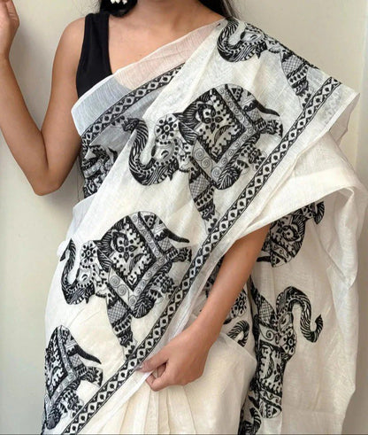 White Linen Saree with Black Border and Elephant Block Prints