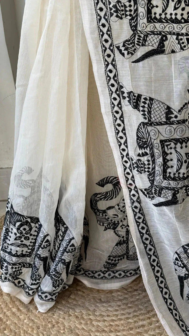 White Linen Saree with Black Border and Elephant Block Prints