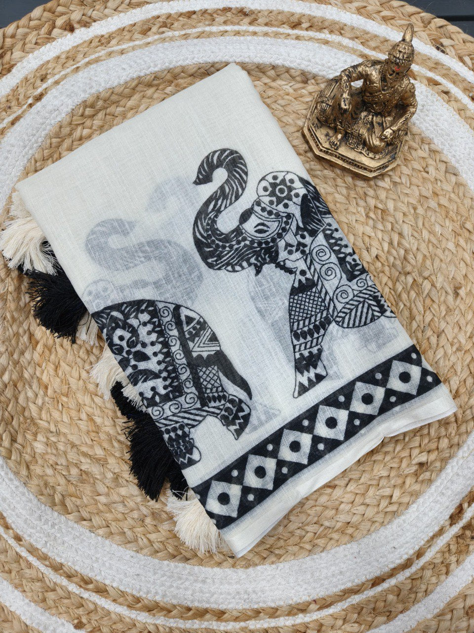White Linen Saree with Black Border and Elephant Block Prints