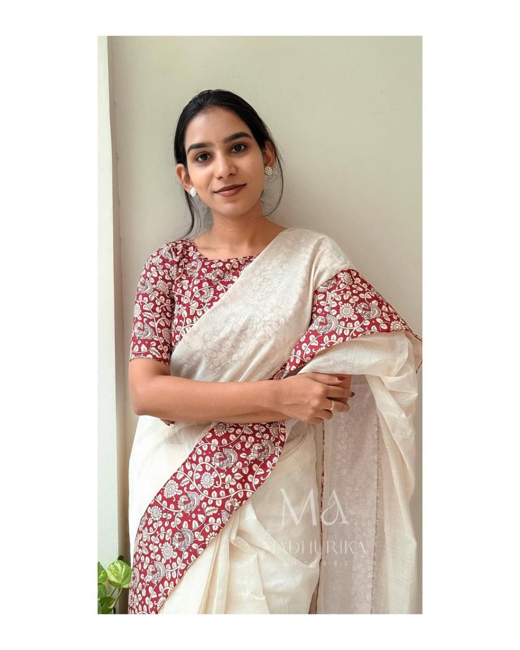 White Linen Saree with Red Border and Elephant Block Prints