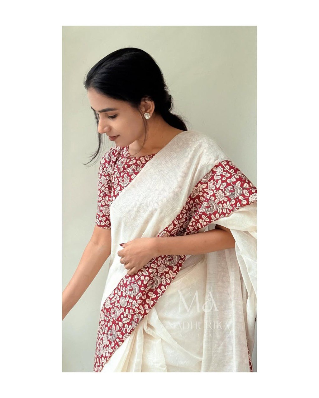 White Linen Saree with Red Border and Elephant Block Prints