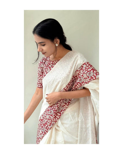 White Linen Saree with Red Border and Elephant Block Prints