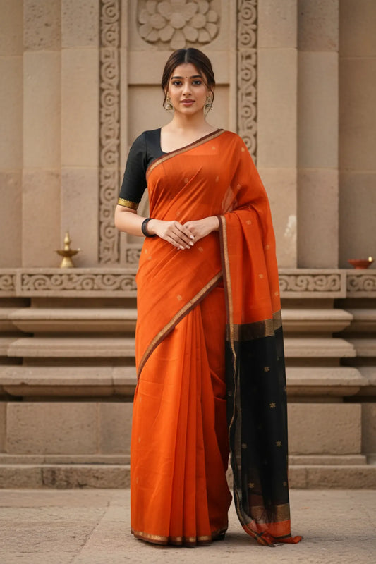 Maheshwari Silk Cotton Saree Orange And Black
