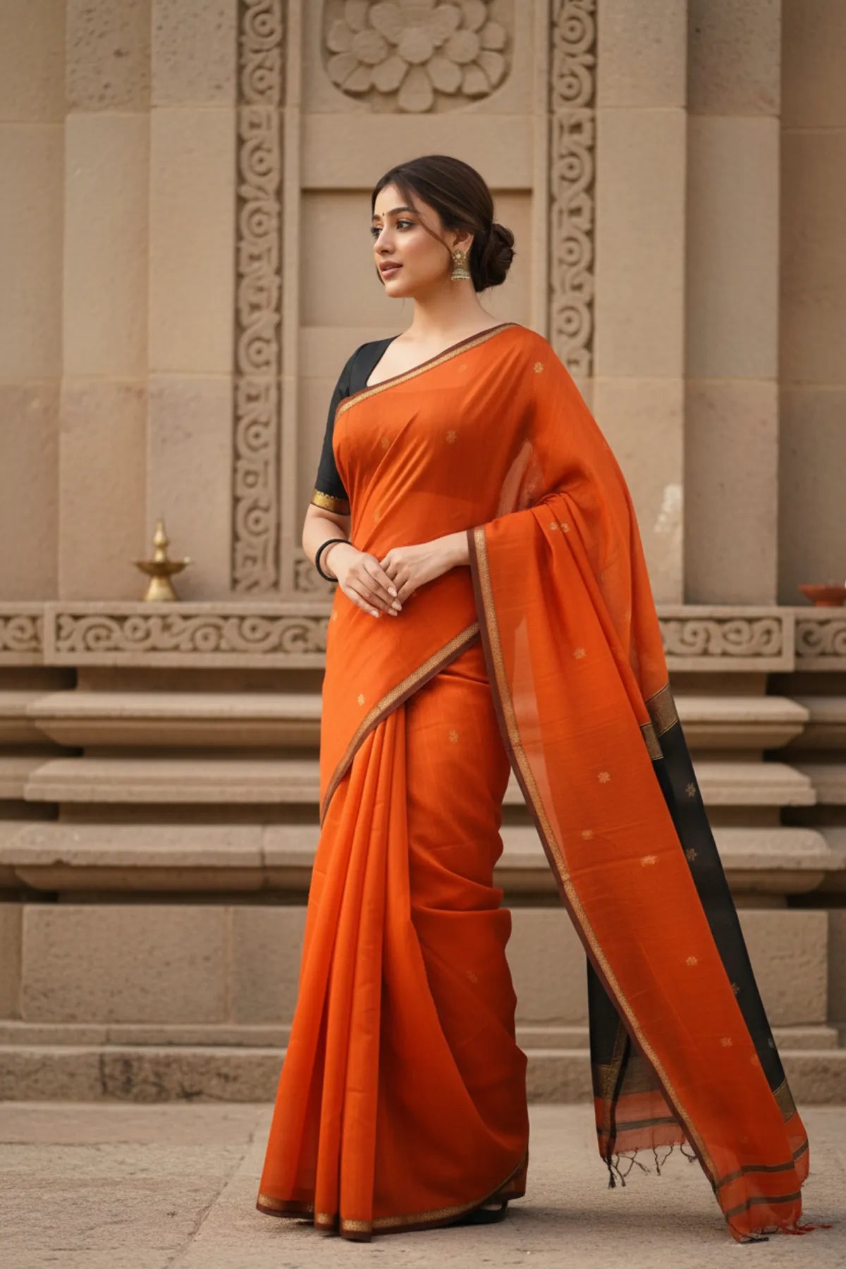 Maheshwari Silk Cotton Saree Orange And Black