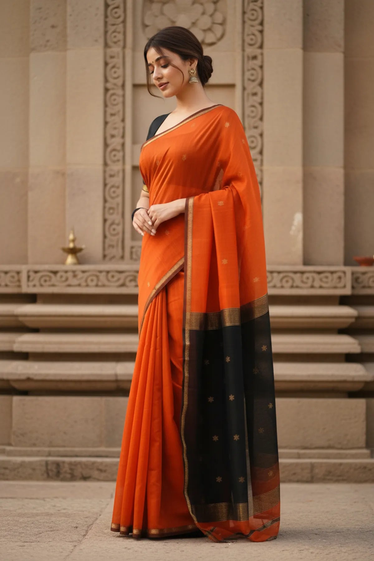 Maheshwari Silk Cotton Saree Orange And Black