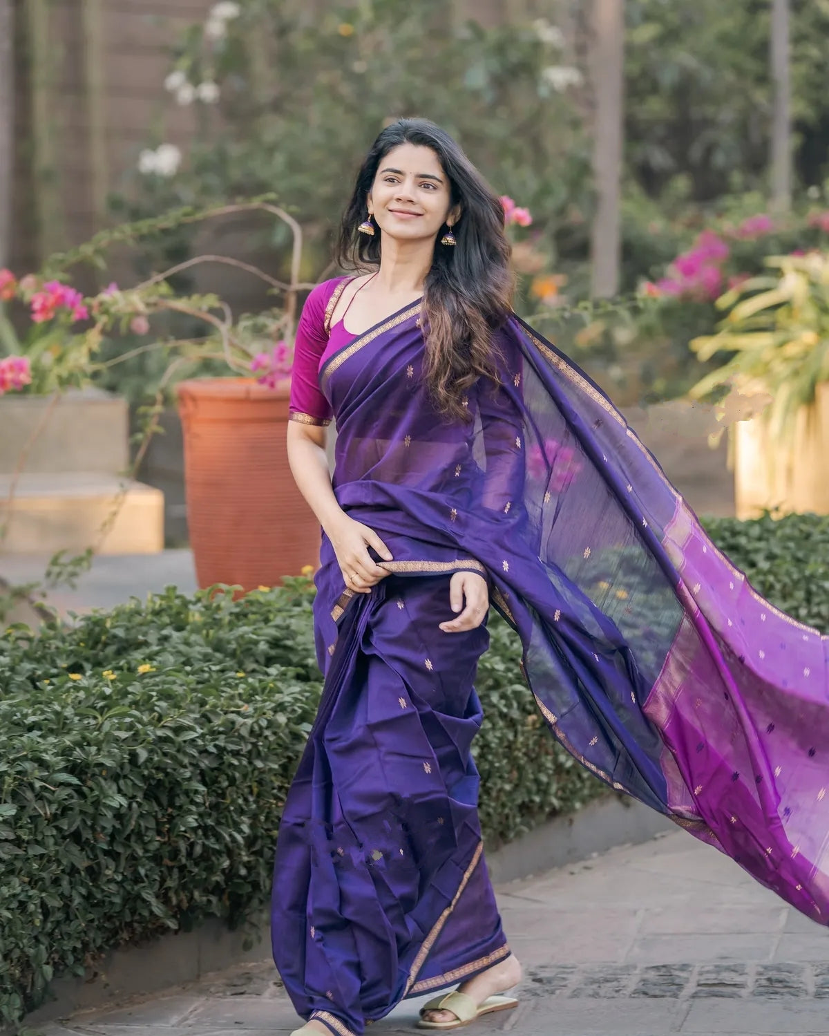 Maheshwari Silk Cotton Saree - Wine