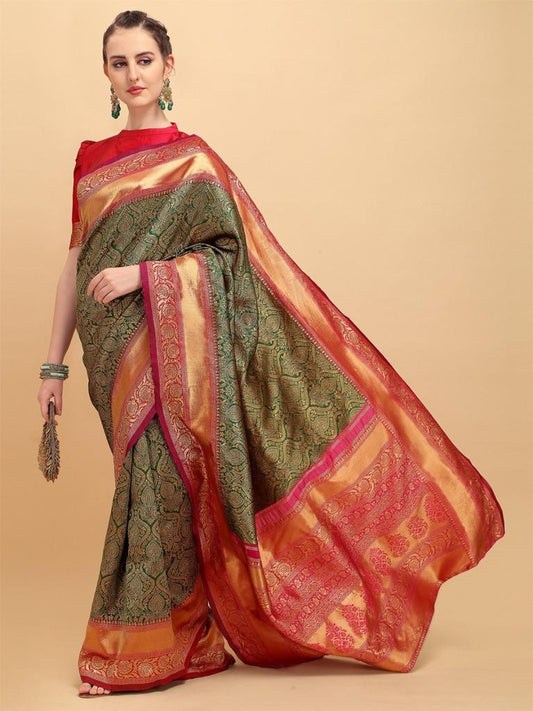Green Red Jacquard Border Saree Soft Lichi Silk Cloth The Saree And Explore Of Collection Beautiful Designed Saree With Unstitched Blouse Piece For Women