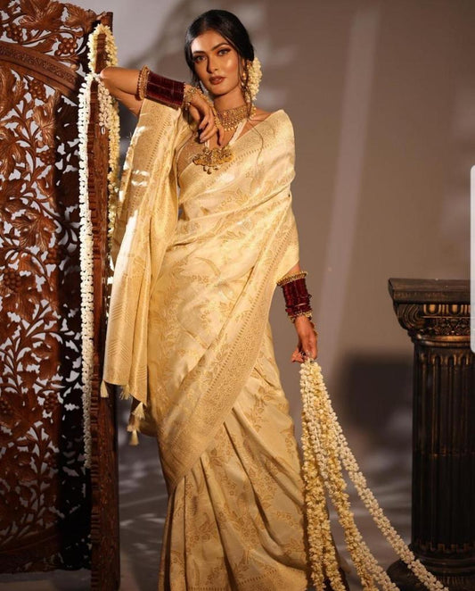 Multi Colour Kanajivarm Sindian Wear Banarasi Cotton And Silk Blended Saree With Unstitching Blouse Piece For Women