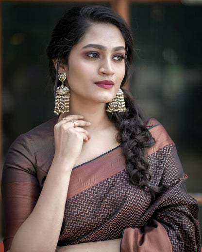 Brown Solid/Plain Bollywood Soft Lichi Silk Saree With Unstitched Blouse Piece For Women
