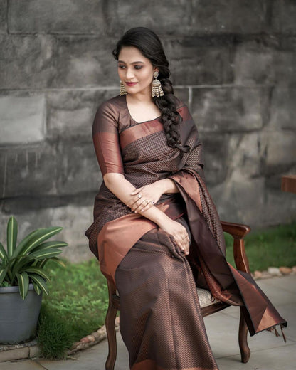 Brown Solid/Plain Bollywood Soft Lichi Silk Saree With Unstitched Blouse Piece For Women