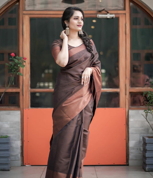 Brown Solid/Plain Bollywood Soft Lichi Silk Saree With Unstitched Blouse Piece For Women