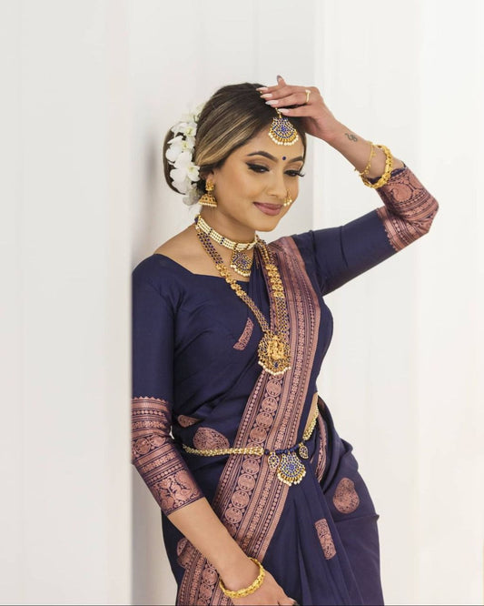 Blue Printed Kanjivaram Soft Lichi Silk Saree With Unstitched Blouse Piece For Women