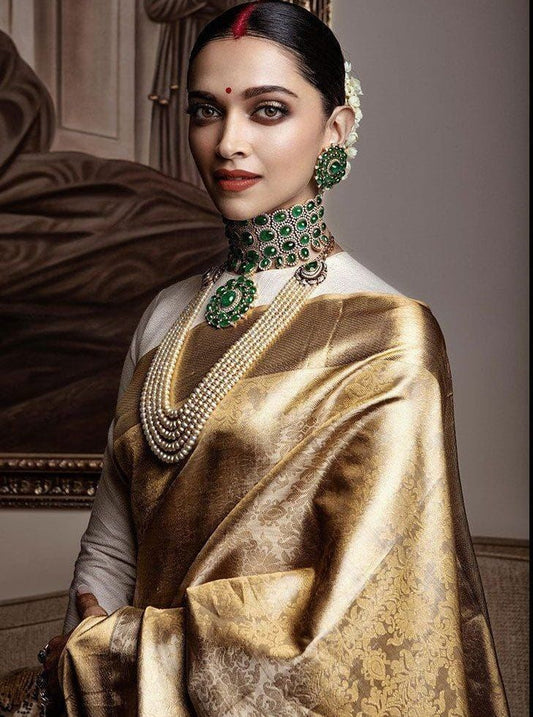 Gold Woven Soft Lichi Silk Saree With Unstitched Blouse Piece For Women
