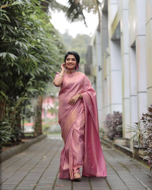Pink Self Design Banarasi Soft Lichi Silk Saree With Unstitched Blouse Piece For Women
